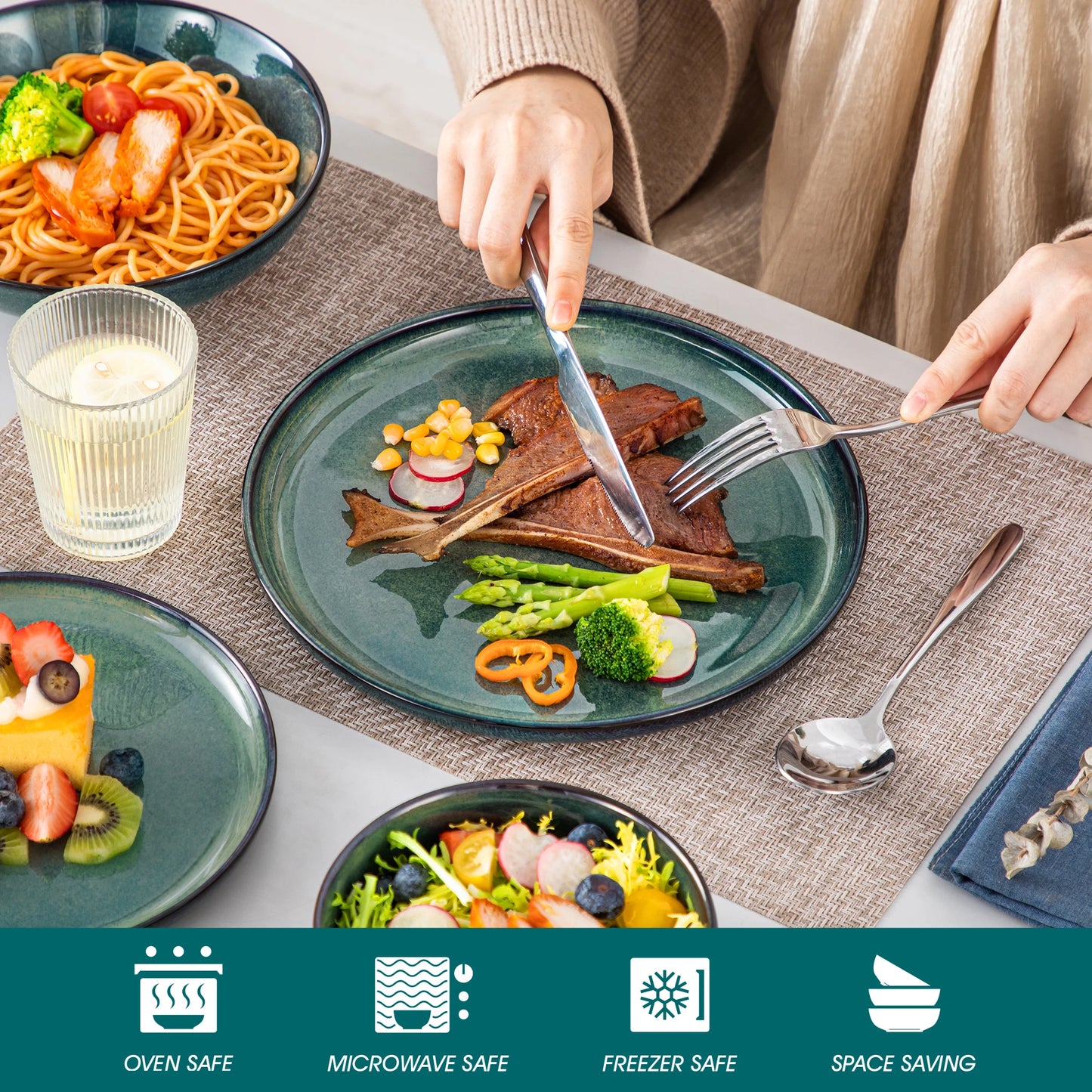 Sada nádobí Vancasso 24dílná sada z kameniny s měnící se glazurou, zelená, Klin, 6dílná, talíř/dezertní talíř/polévkový talíř/miska