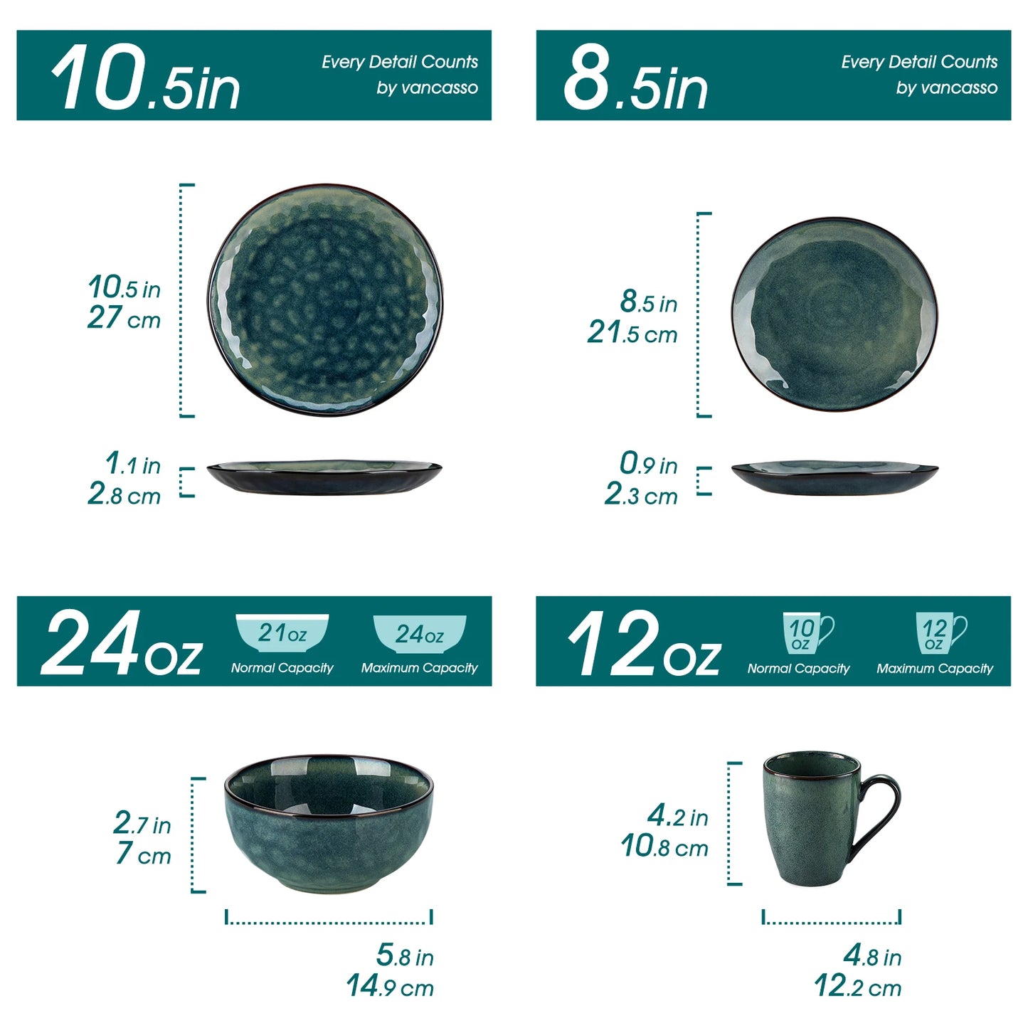 16/32dílná jídelní sada vancasso v hvězdně zelené barvě, sada nádobí s glazurou Kiln Change Glaze s talířem, dezertním talířem, miskou a hrnkem