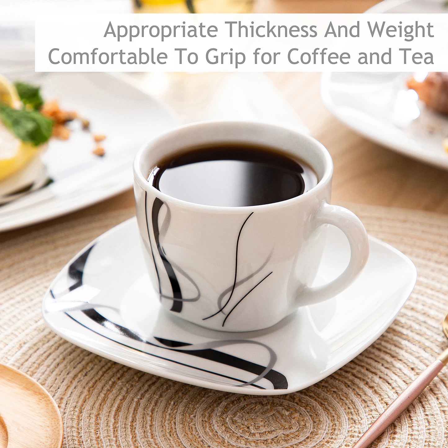 Sada porcelánového keramického nádobí VEWEET, 30/60 dílů, černé linky, s dezertními talíři/polévkovými talíři/talíři na večeři/šálky/podšálky