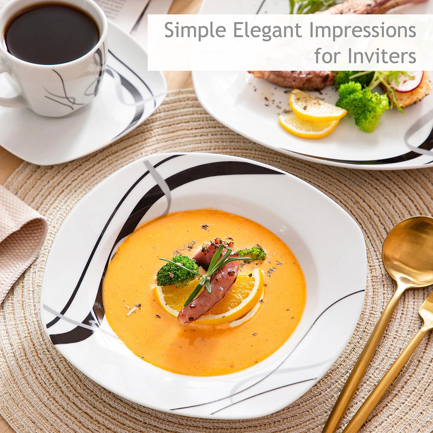 Sada porcelánového keramického nádobí VEWEET, 30/60 dílů, černé linky, s dezertními talíři/polévkovými talíři/talíři na večeři/šálky/podšálky 