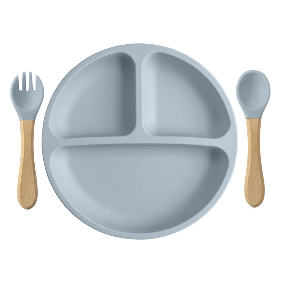 3 ks silikonového dětského nádobí, dětské krmné soupravy, silikonový talíř, dřevěná rukojeť, lžíce, vidlička, dětské tréninkové nádobí bez BPA 