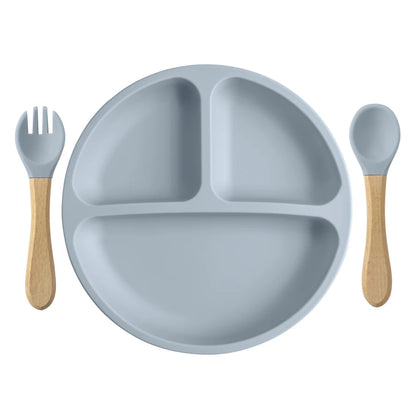 3 ks silikonového dětského nádobí, dětské krmné soupravy, silikonový talíř, dřevěná rukojeť, lžíce, vidlička, dětské tréninkové nádobí bez BPA 