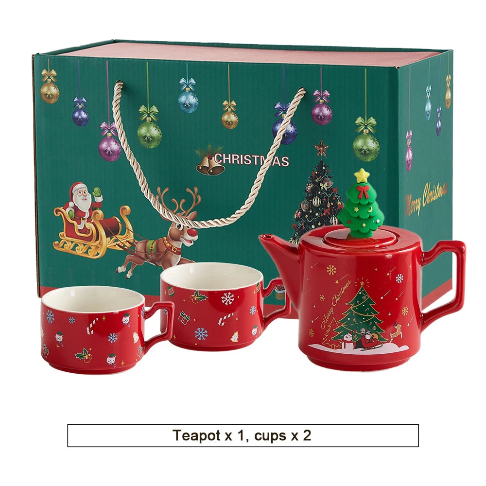 Červený Santa Claus Sněhulák Los Konvice na čaj Šálek Vánoční Keramika Sady Čajového Nádobí Kávové Šálky Podšálky Stohovatelné Vánoční Dárkové Keramika Hrnky 