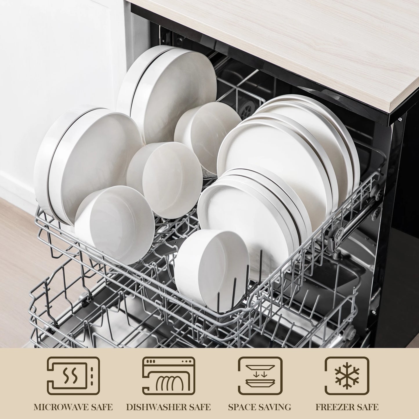 Sady jídelních talířů MALACASA 12/16/18/24 kusů s černým okrajem, poloviční stojící hrana, 4/6 kusů, talíř/dezert/polévka/miska 