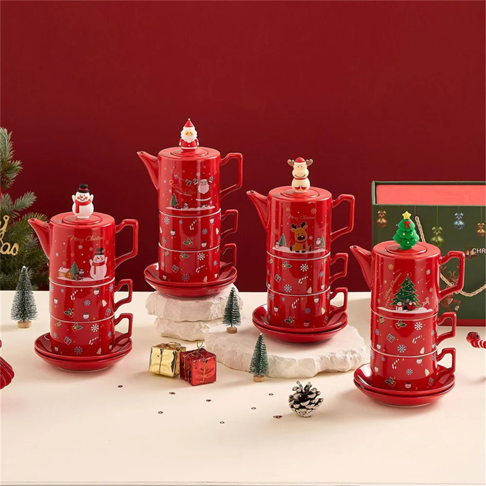 Červený Santa Claus Sněhulák Los Konvice na čaj Šálek Vánoční Keramika Sady Čajového Nádobí Kávové Šálky Podšálky Stohovatelné Vánoční Dárkové Keramika Hrnky 
