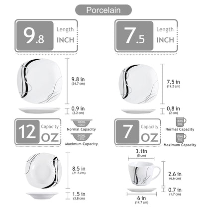 Sada porcelánového keramického nádobí VEWEET, 30/60 dílů, černé linky, s dezertními talíři/polévkovými talíři/talíři na večeři/šálky/podšálky 