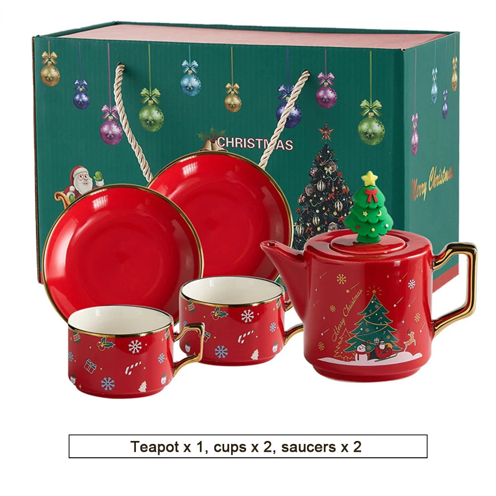 Červený Santa Claus Sněhulák Los Konvice na čaj Šálek Vánoční Keramika Sady Čajového Nádobí Kávové Šálky Podšálky Stohovatelné Vánoční Dárkové Keramika Hrnky 