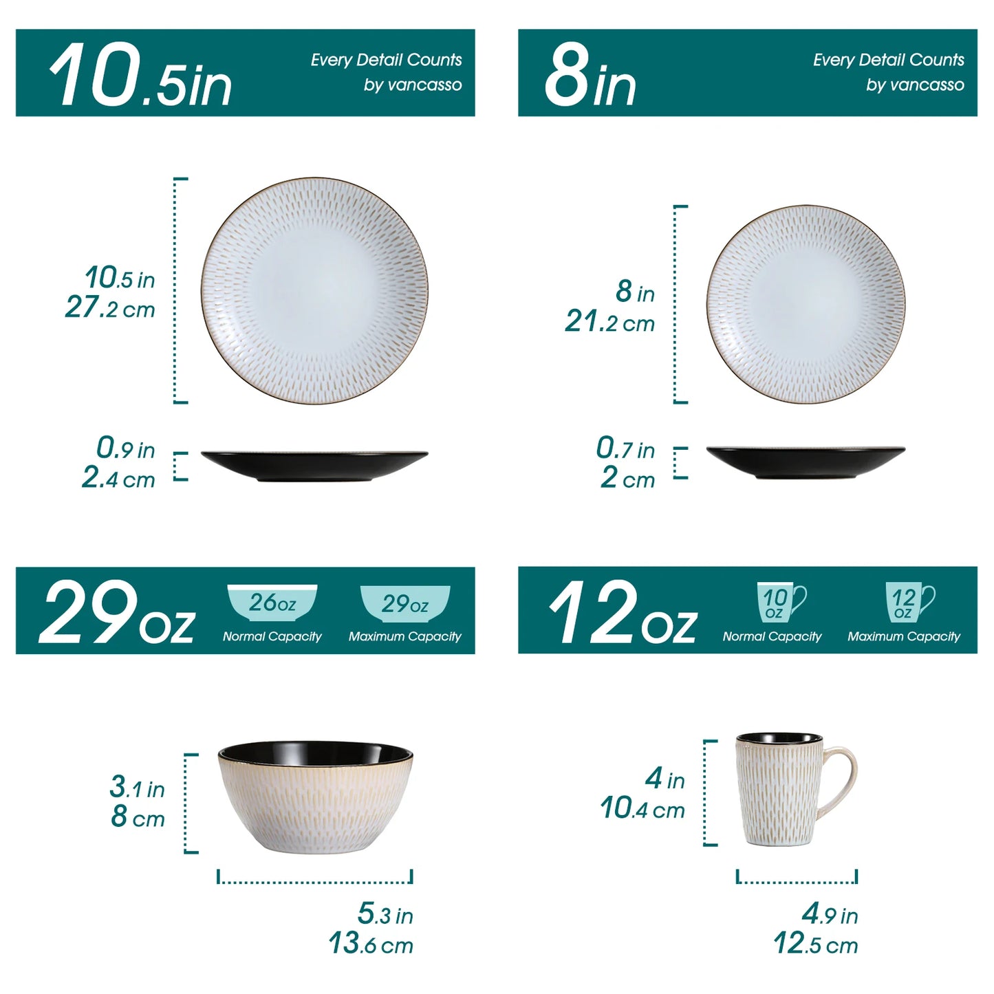 Sada nádobí z béžové reliéfní kameniny, 16/32 kusů, vancasso, se 4 talíři na večeři/dezert/miskou na polévku/hrnky, pro 4./8./12. 