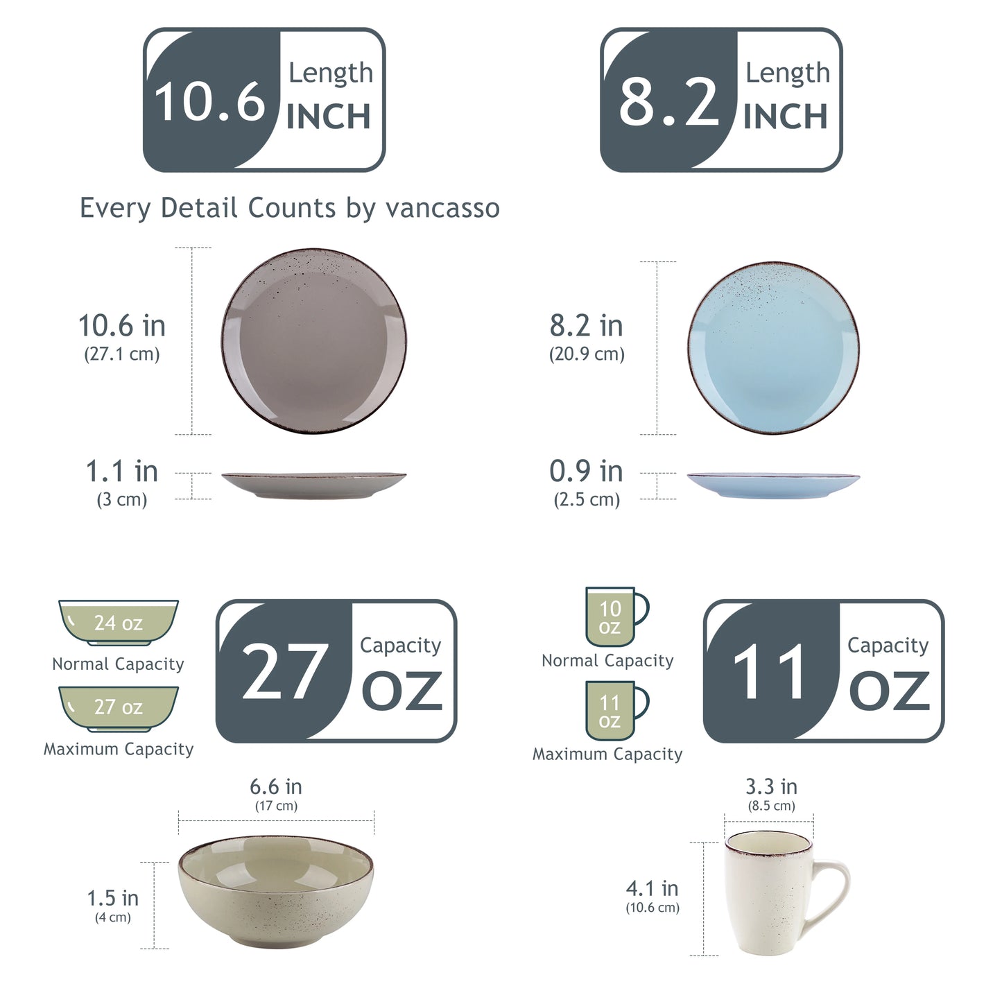 Sada keramického nádobí Vancasso Navia-LH, 16/32/48 dílů, s talířem na jídlo, dezertním talířem, miskou o objemu 800 ml a hrnkem 