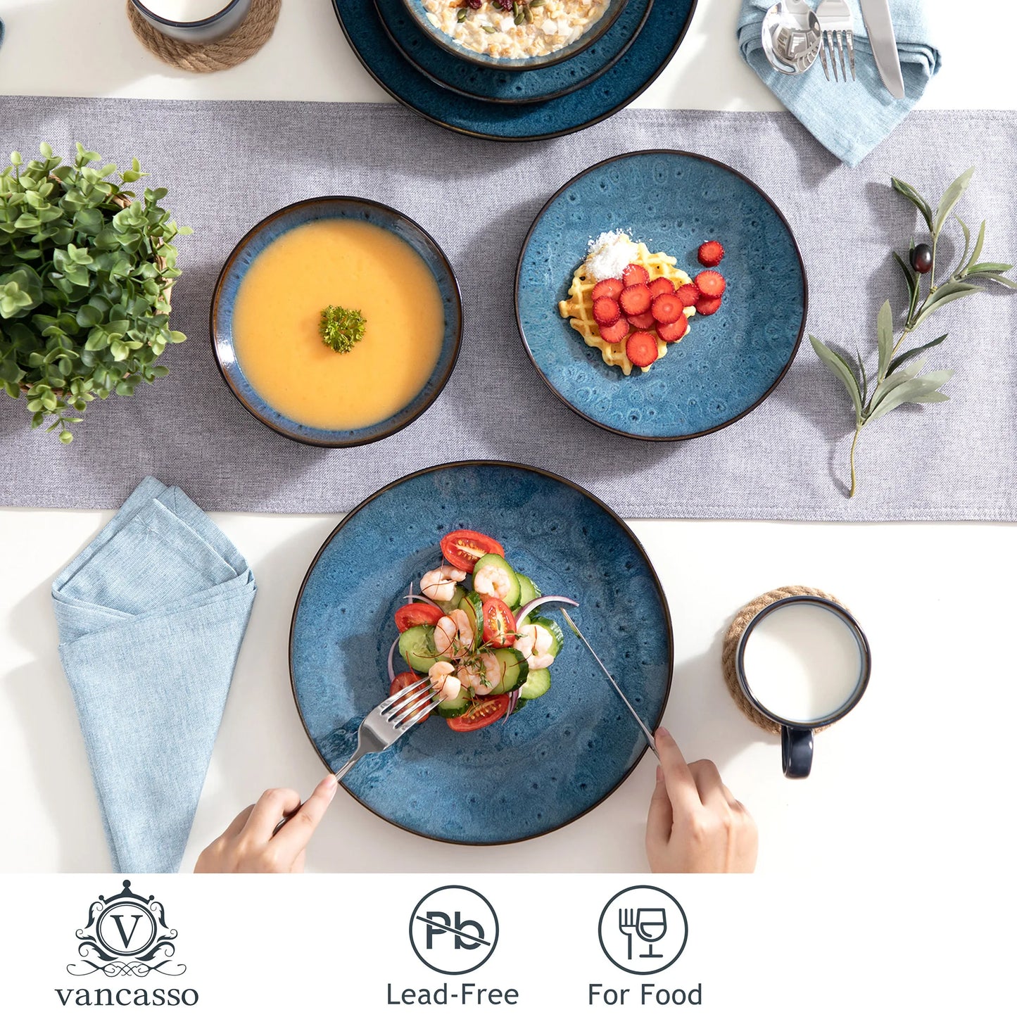 Sada nádobí VANCASSO BUBBLE 16/32/48 dílů, vintage keramická modrohnědá sada kameniny s talířem na večeři a dezert, miskou a šálky na kávu 