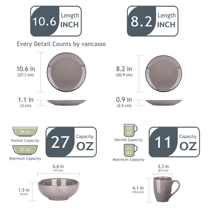 Sada nádobí z keramické keramiky, 16/32 kusů, šedá, Vancasso, s talířem/dezertním talířem/miskou o objemu 800 ml/hrnkem
