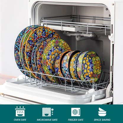 Sada 12 keramických talířů s oboustranným malováním v bohémském stylu, vancasso, se 4 díly talířů/dezertů/misek 