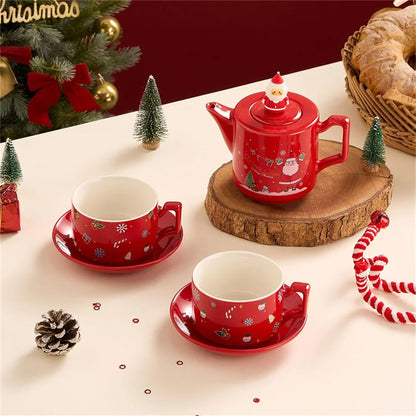 Červený Santa Claus Sněhulák Los Konvice na čaj Šálek Vánoční Keramika Sady Čajového Nádobí Kávové Šálky Podšálky Stohovatelné Vánoční Dárkové Keramika Hrnky 