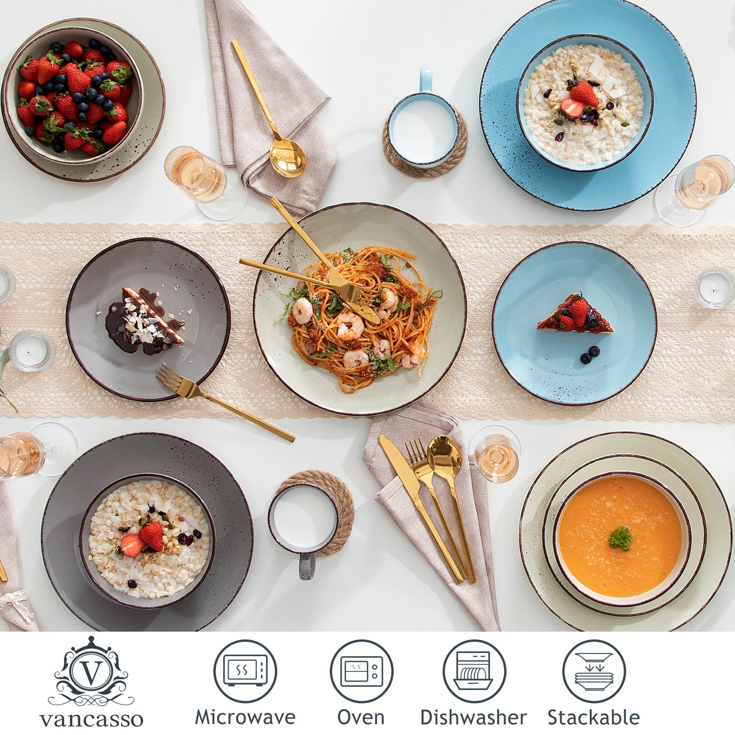 Sada keramického nádobí Vancasso Navia-LH, 16/32/48 dílů, s talířem na jídlo, dezertním talířem, miskou o objemu 800 ml a hrnkem 