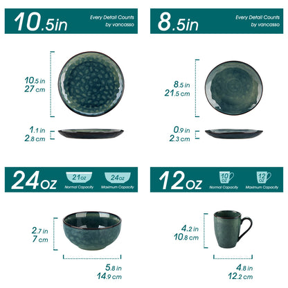 16/32dílná jídelní sada vancasso v hvězdně zelené barvě, sada nádobí s glazurou Kiln Change Glaze s talířem, dezertním talířem, miskou a hrnkem 