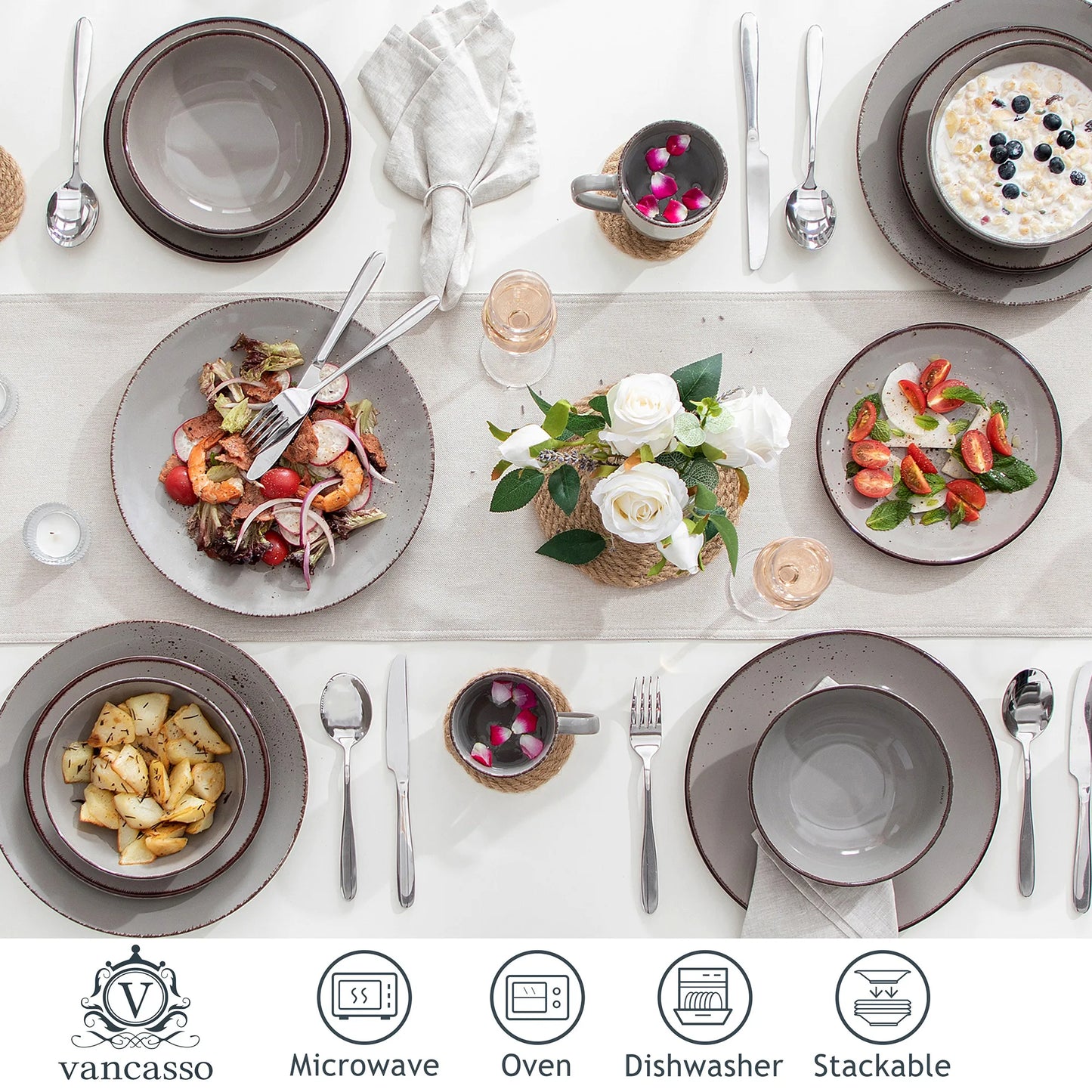 Sada nádobí z keramické keramiky, 16/32 kusů, šedá, Vancasso, s talířem/dezertním talířem/miskou o objemu 800 ml/hrnkem