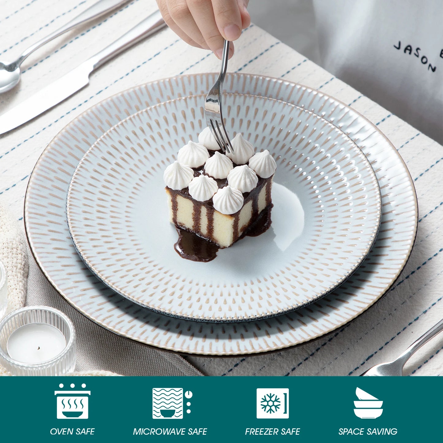 Sada nádobí z béžové reliéfní kameniny, 16/32 kusů, vancasso, se 4 talíři na večeři/dezert/miskou na polévku/hrnky, pro 4./8./12. 