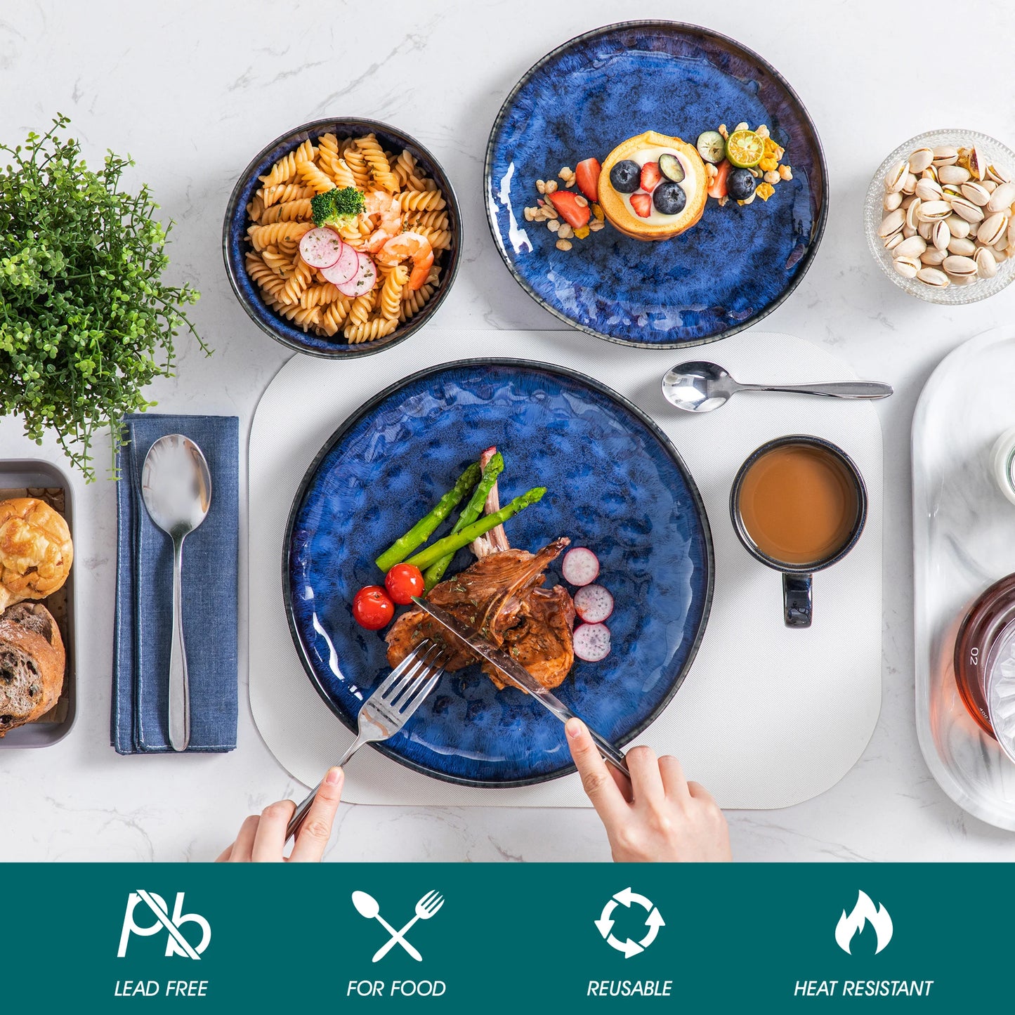 Jídelní sada VANCASSO 16/32/48 dílů v hvězdicově modré barvě, sada nádobí s glazurou Kiln Change Glaze s talířem, dezertním talířem, miskou a hrnkem