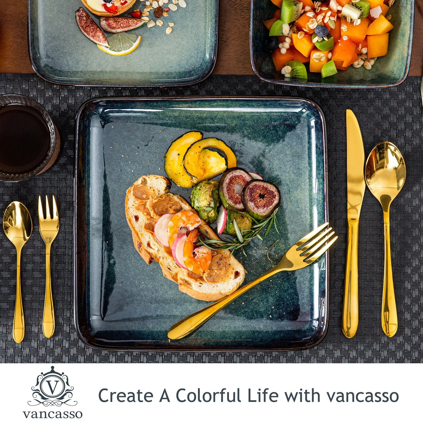 Sada kuchyňského nádobí Vancasso Stern, 16dílná, keramická, pro 4 osoby, zelená, čtvercová, s glazurou v peci 