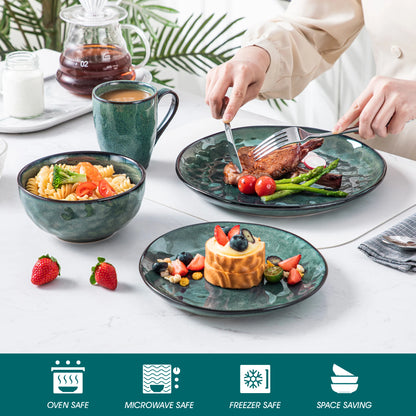 16/32dílná jídelní sada vancasso v hvězdně zelené barvě, sada nádobí s glazurou Kiln Change Glaze s talířem, dezertním talířem, miskou a hrnkem 