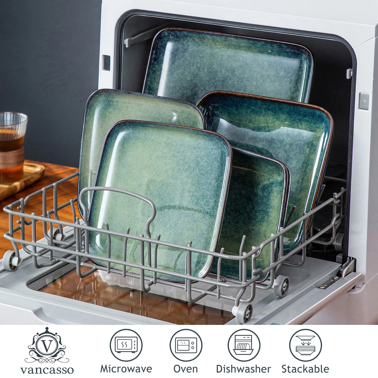Sada kuchyňského nádobí Vancasso Stern, 16dílná, keramická, pro 4 osoby, zelená, čtvercová, s glazurou v peci 