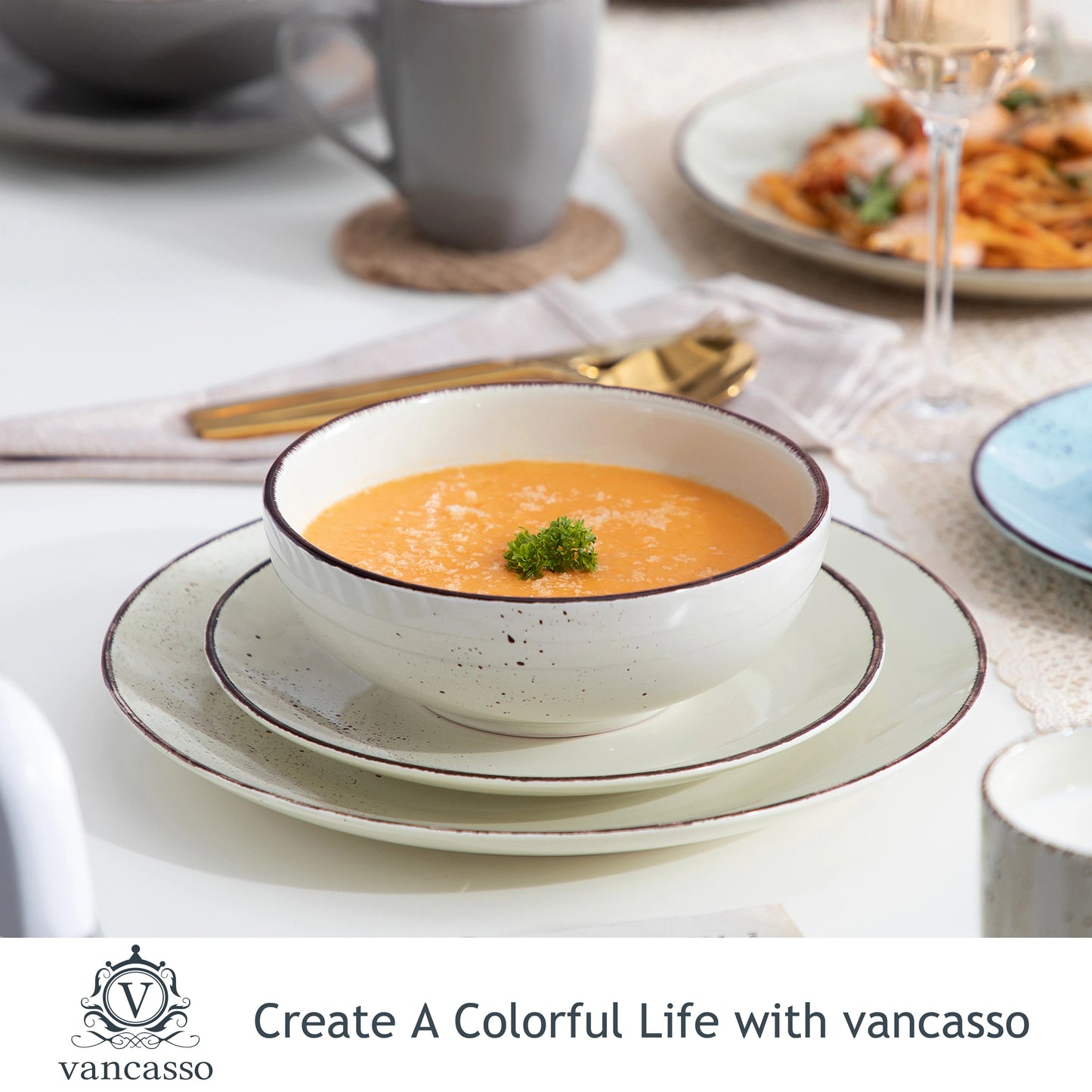 Sada keramického nádobí Vancasso Navia-LH, 16/32/48 dílů, s talířem na jídlo, dezertním talířem, miskou o objemu 800 ml a hrnkem 