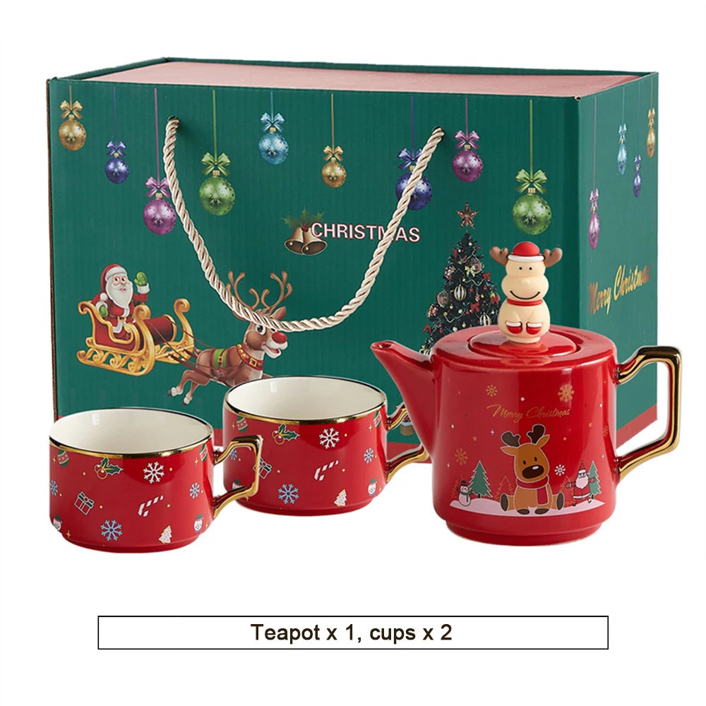 Červený Santa Claus Sněhulák Los Konvice na čaj Šálek Vánoční Keramika Sady Čajového Nádobí Kávové Šálky Podšálky Stohovatelné Vánoční Dárkové Keramika Hrnky 