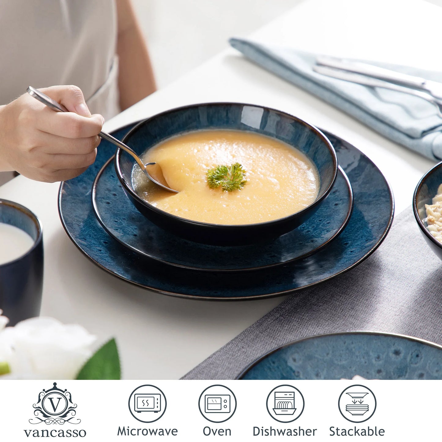 Sada nádobí VANCASSO BUBBLE 16/32/48 dílů, vintage keramická modrohnědá sada kameniny s talířem na večeři a dezert, miskou a šálky na kávu 