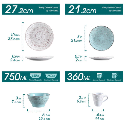 vancasso 16/32/48 Ceremic Plates Jídelní sada Kameninové nádobí s jídelním talířem, dezertním talířem, miskou, hrnkem pro 12 osob 