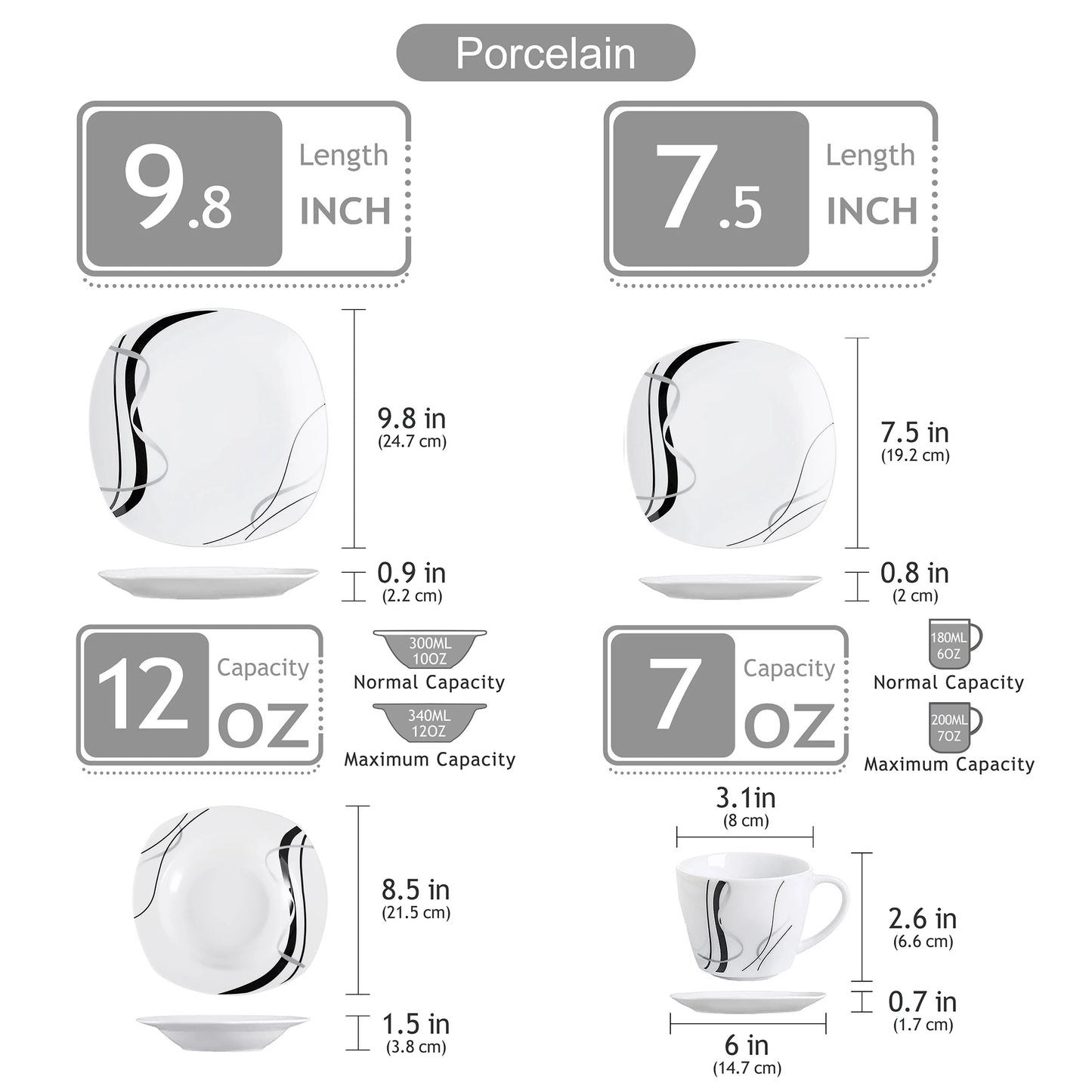 Sada porcelánového keramického nádobí VEWEET, 30/60 dílů, černé linky, s dezertními talíři/polévkovými talíři/talíři na večeři/šálky/podšálky 