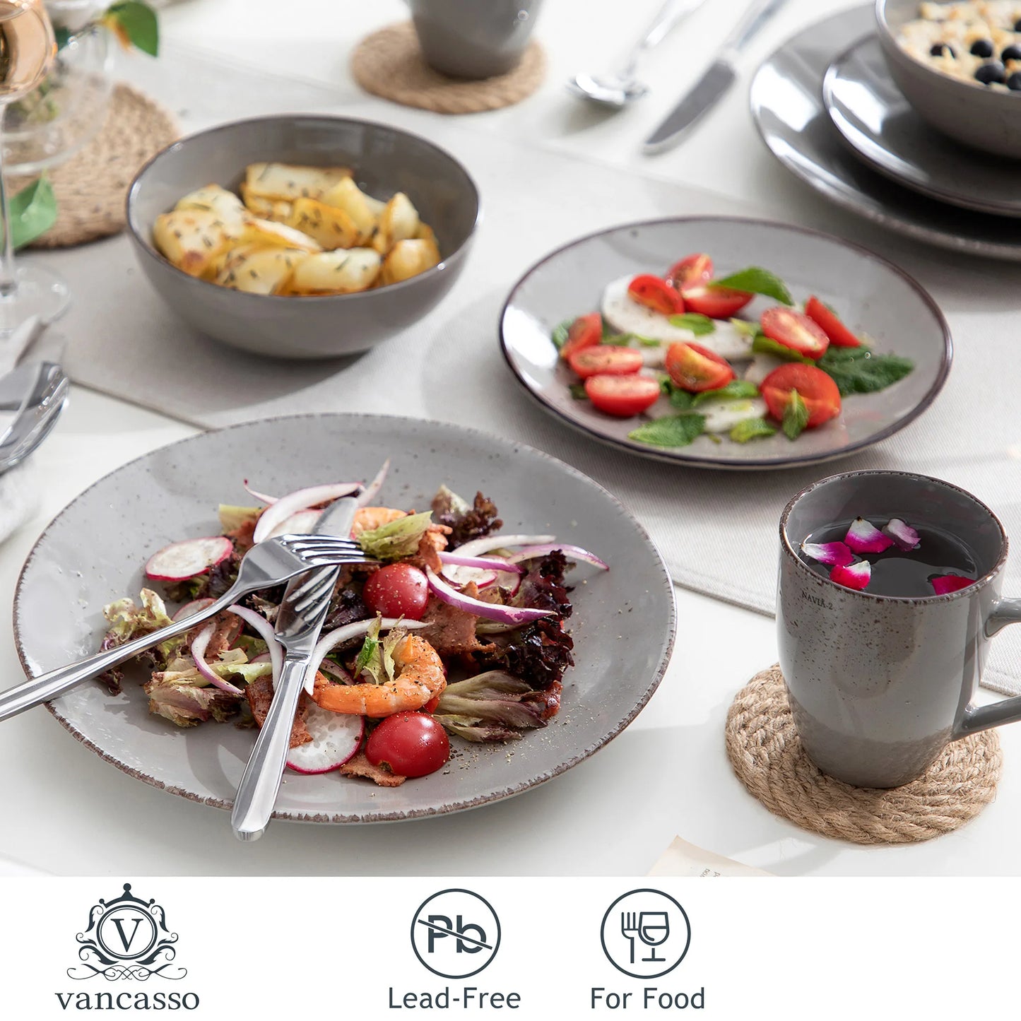 Sada nádobí z keramické keramiky, 16/32 kusů, šedá, Vancasso, s talířem/dezertním talířem/miskou o objemu 800 ml/hrnkem