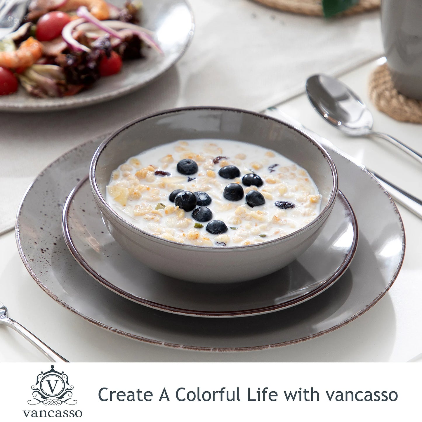 Sada nádobí z keramické keramiky, 16/32 kusů, šedá, Vancasso, s talířem/dezertním talířem/miskou o objemu 800 ml/hrnkem