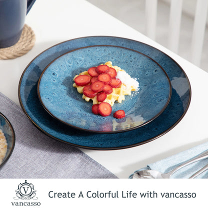 Sada nádobí VANCASSO BUBBLE 16/32/48 dílů, vintage keramická modrohnědá sada kameniny s talířem na večeři a dezert, miskou a šálky na kávu 