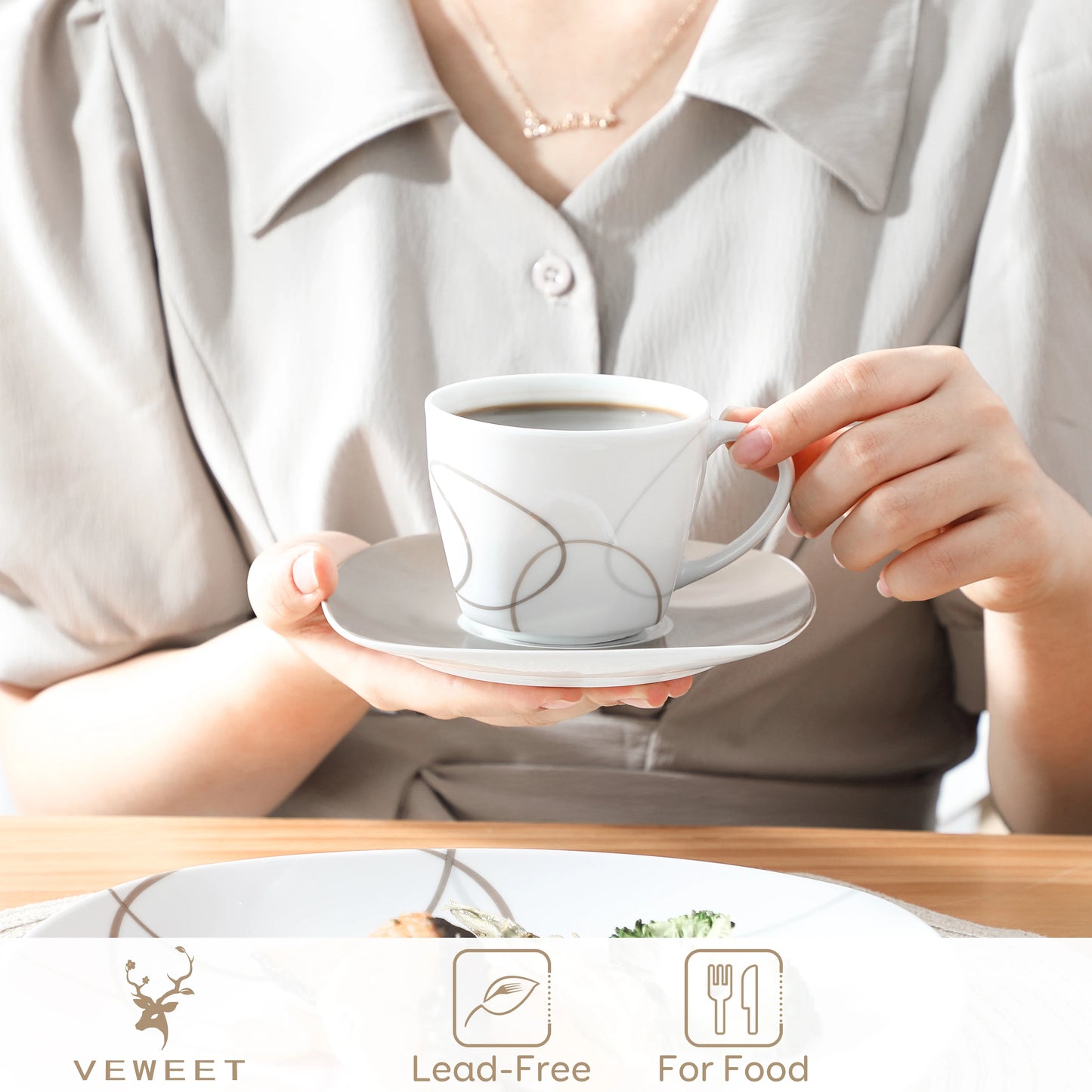 VEWEET 30dílná sada porcelánových keramických kuchyňských talířů s 6 ks dezertních talířů/polévkových talířů/jídelních talířů/šálků/podšálků 