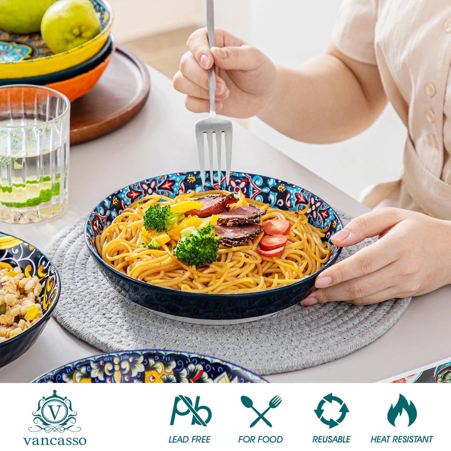 Vancasso 6-24dílná sada keramického nádobí, kameninové nádobí v bohémském stylu s talířem na večeři/dezert/miskou na cereálie/těstoviny pro 6 osob 