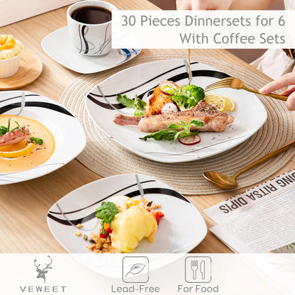 Sada porcelánového keramického nádobí VEWEET, 30/60 dílů, černé linky, s dezertními talíři/polévkovými talíři/talíři na večeři/šálky/podšálky 