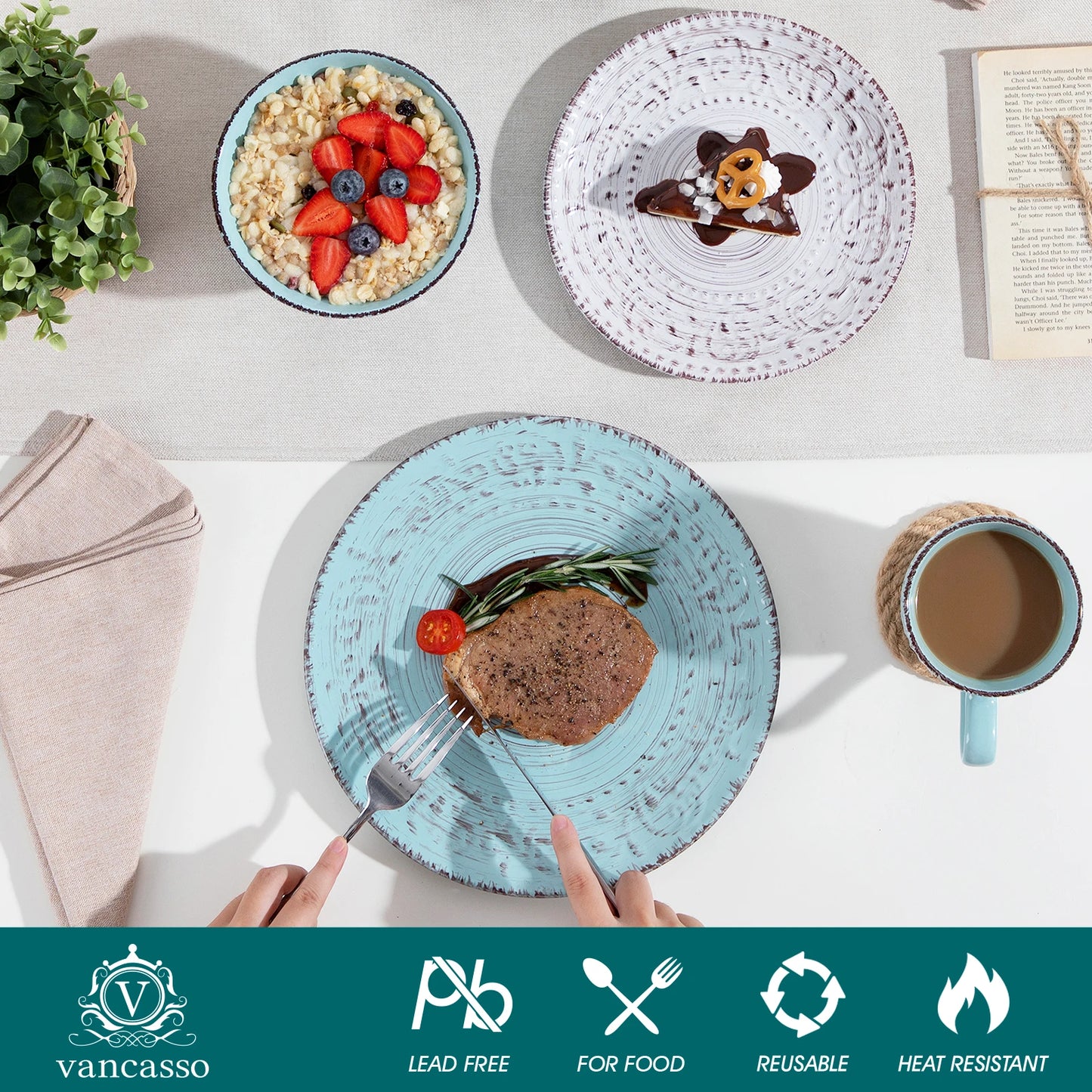 vancasso 16/32/48 Ceremic Plates Jídelní sada Kameninové nádobí s jídelním talířem, dezertním talířem, miskou, hrnkem pro 12 osob 