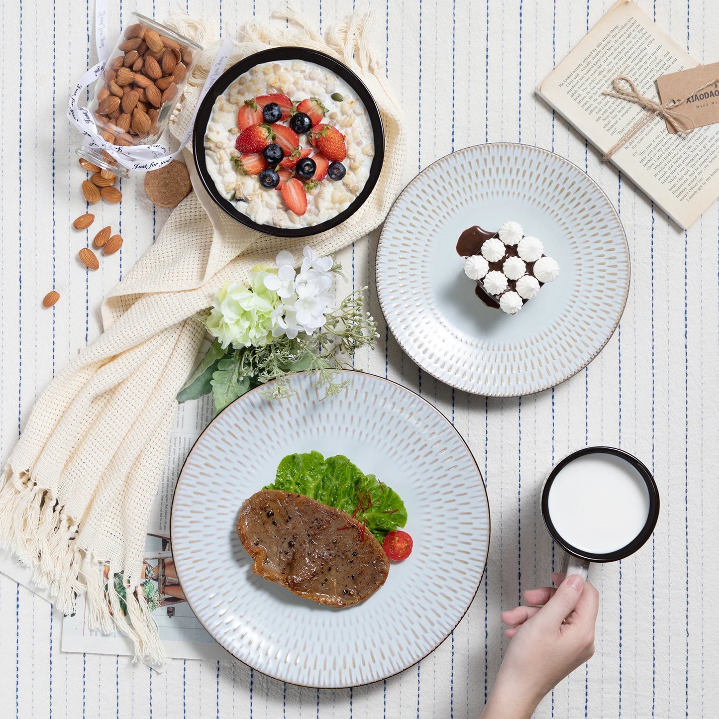 Sada nádobí z béžové reliéfní kameniny, 16/32 kusů, vancasso, se 4 talíři na večeři/dezert/miskou na polévku/hrnky, pro 4./8./12. 